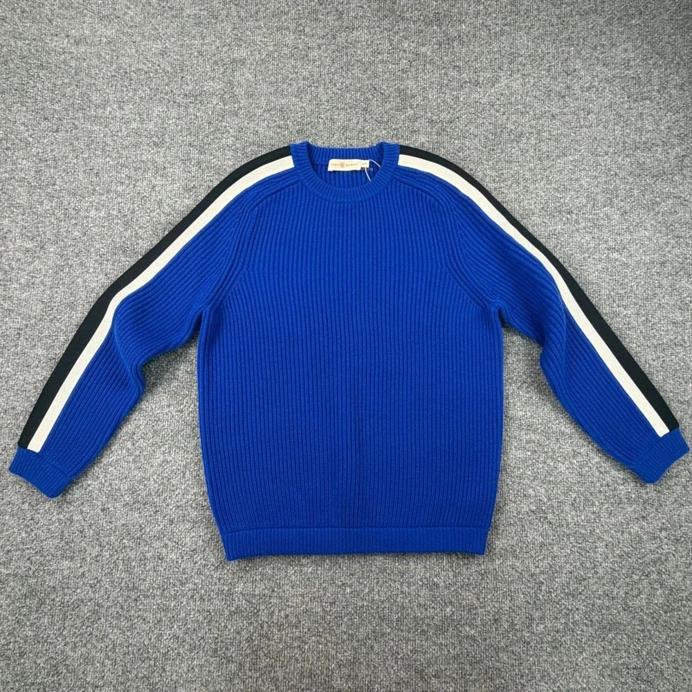 Tory Burch Blue Performance Merino Wool Ribbed Racing Stripe Sweater XS NWOT